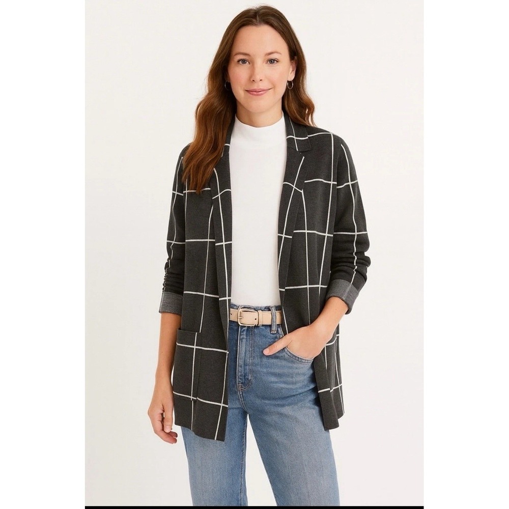 NWT LOFT Windowpane‎ Open Front Knit Blazer Cardigan Gray Women's M 100% Cotton